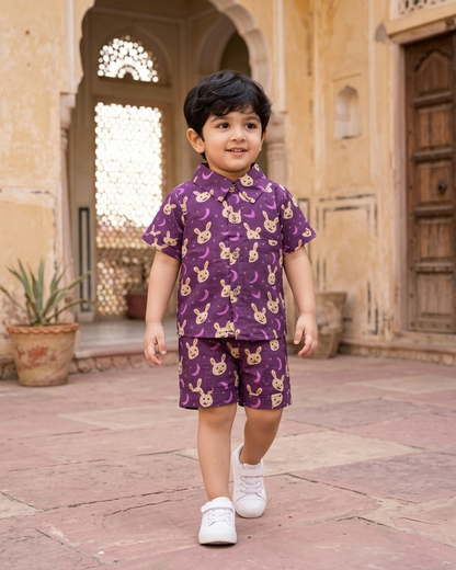 Midnight Bunny Boys' Cotton Co-ord Set: Shirt & Shorts