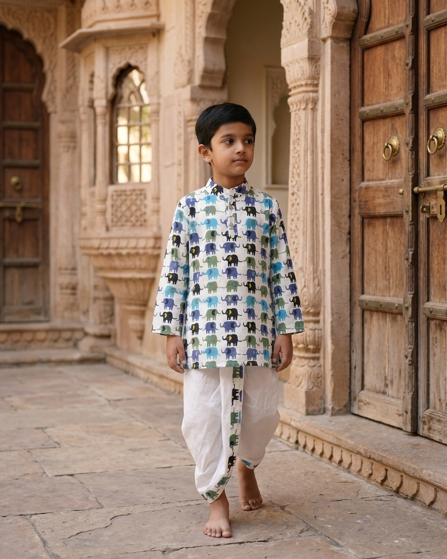 Little Explorer: Boys' Elephant Print Cotton Kurta & Dhoti Set