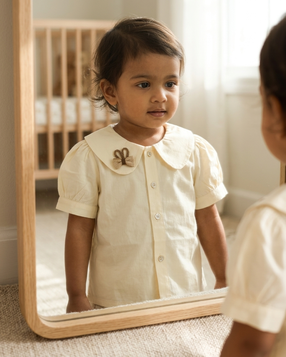 Ivory Bloom: Girls' Peter Pan Collar Blouse with Crochet Bunny Accent
