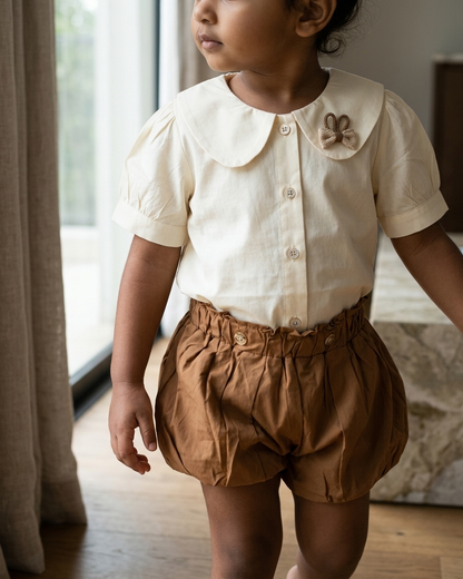 Honey & Cream: Girls' Peter Pan Collar Blouse & Bubble Bloomer Set