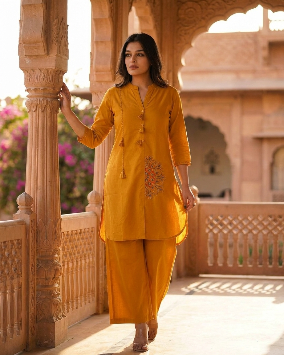 Elegant Front-Button Tassel Kurta with Mandala Embroidery