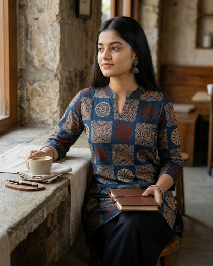 Indigo Jaipuri Geometric Print Cotton Short Kurti