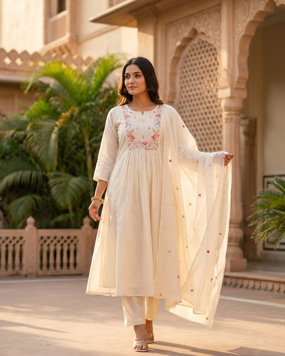 Ivory Pastel Floral Embroidered Gathered Kurta Set