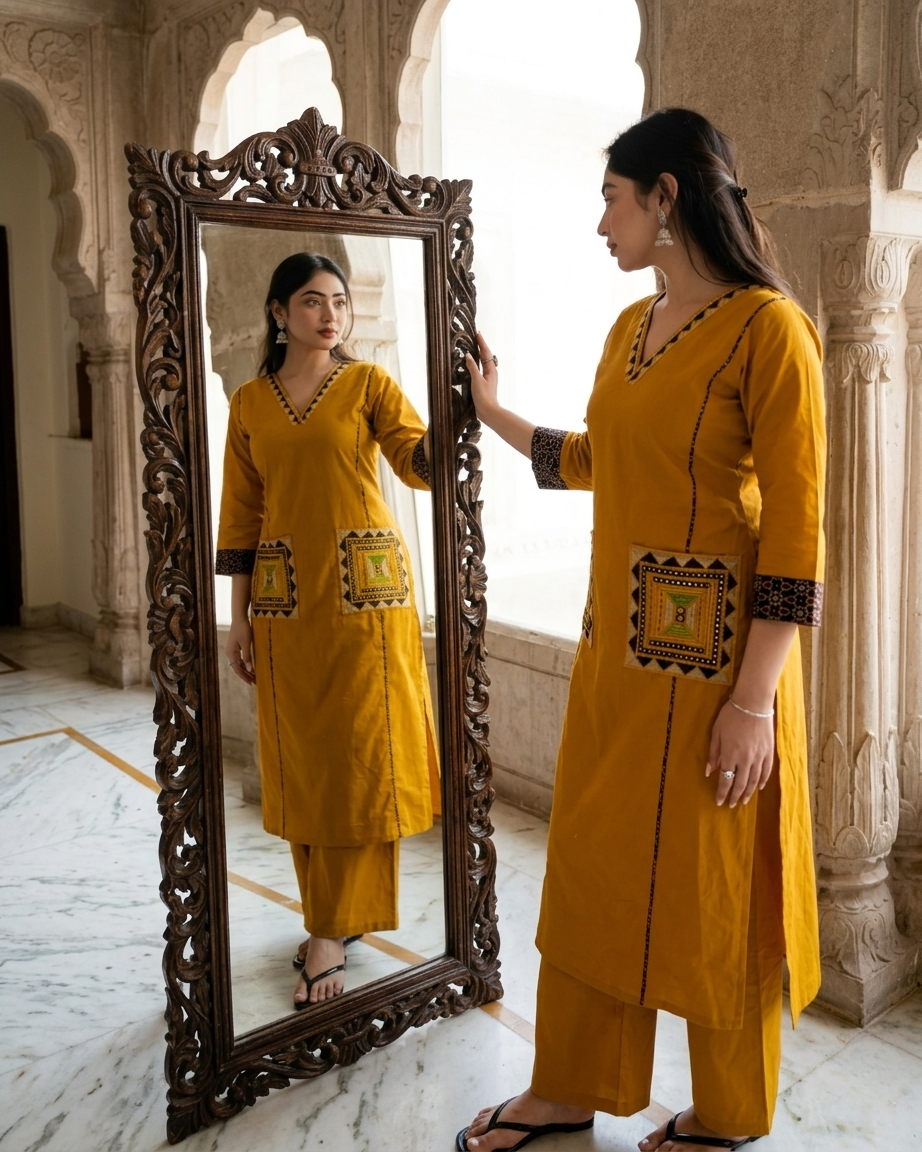 Mustard Geometric Embroidered Pocket Kurta Set