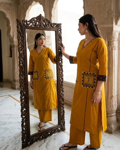 Mustard Geometric Embroidered Pocket Kurta Set