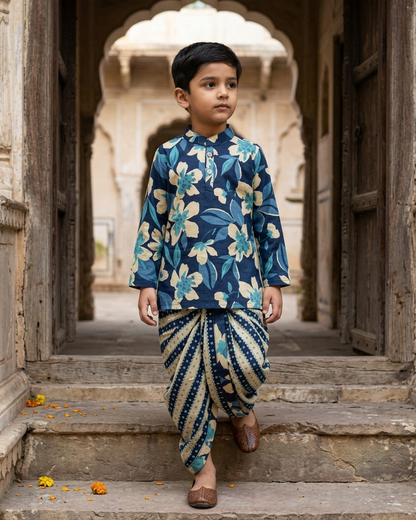 Midnight Flora & Stripes: Boys' Cotton Kurta & Stitched Dhoti Set