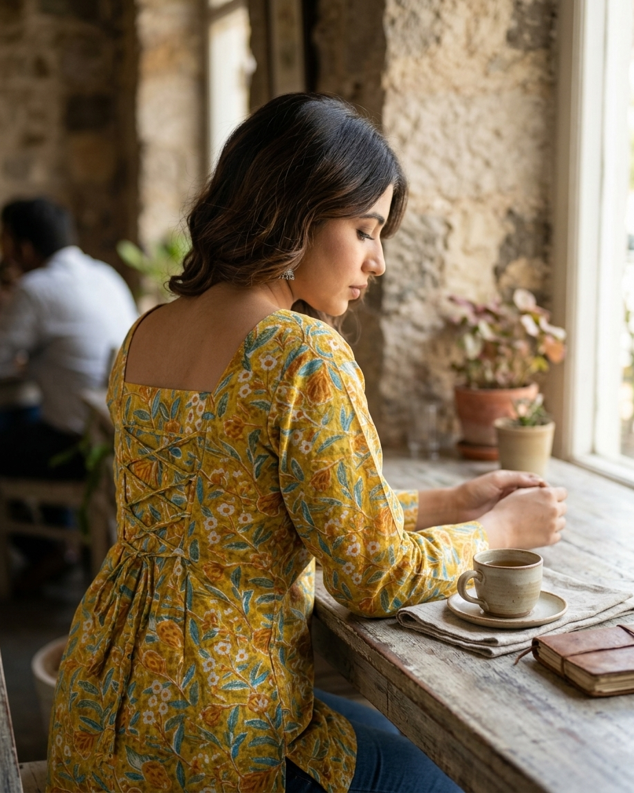 Mustard Yellow Floral Cotton Kurti with Lace-Up Back & Bell Sleeves