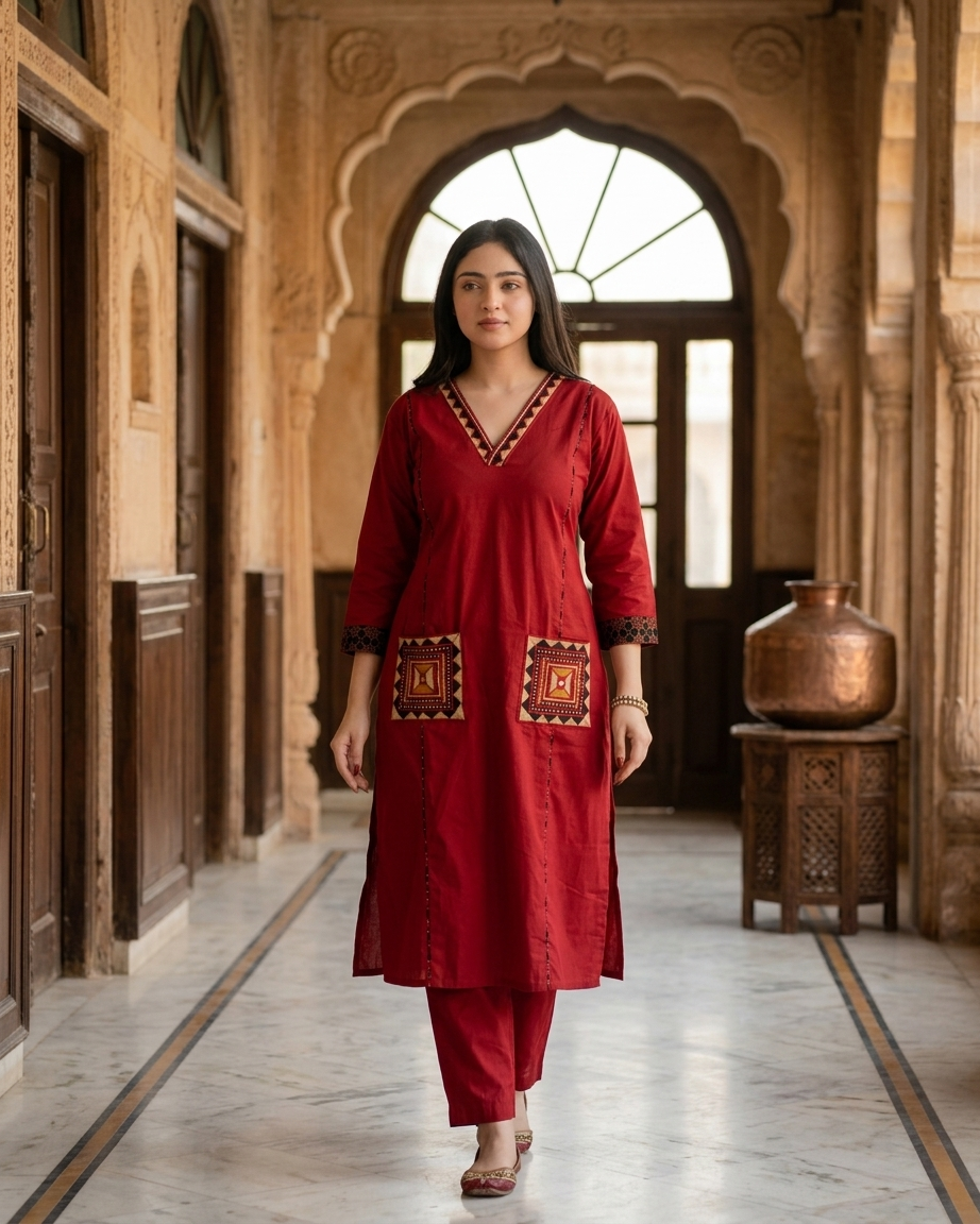 Red Geometric Embroidered Pocket Kurta Set