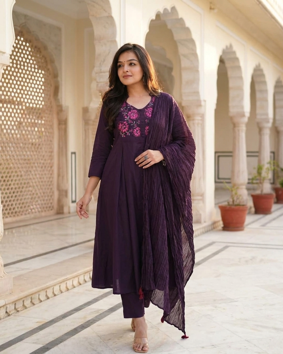 Embroidered Gathered Kurta Set with Crinkled Dupatta