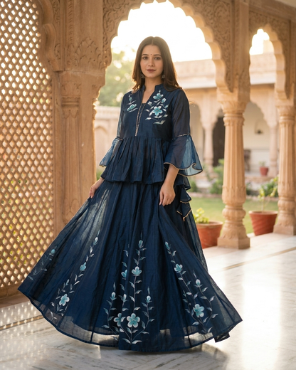 Floral Embroidered Peplum Top and Flared Skirt Set