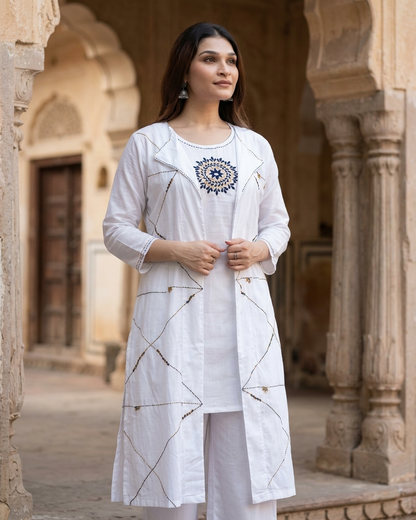White 3-Piece Layered Jacket Kurta Set