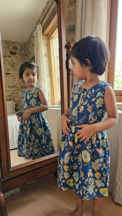 Midnight Paisley Girls' Cotton Sleeveless Frock with Side Ties