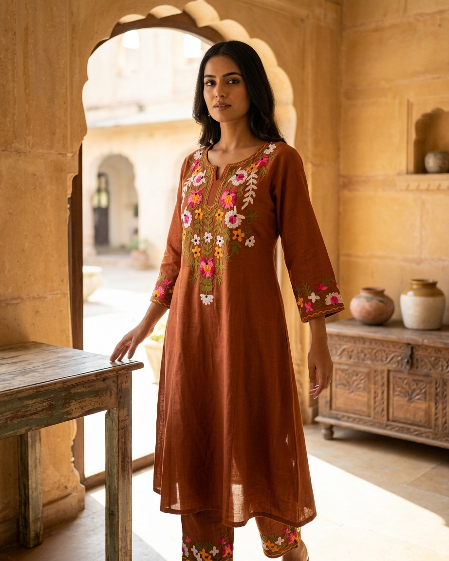 Floral Embroidered Kurta Set in Rust Brown
