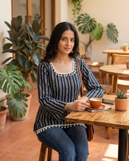 Indigo Geometric Stripe Tunic with Pom-Pom Trim