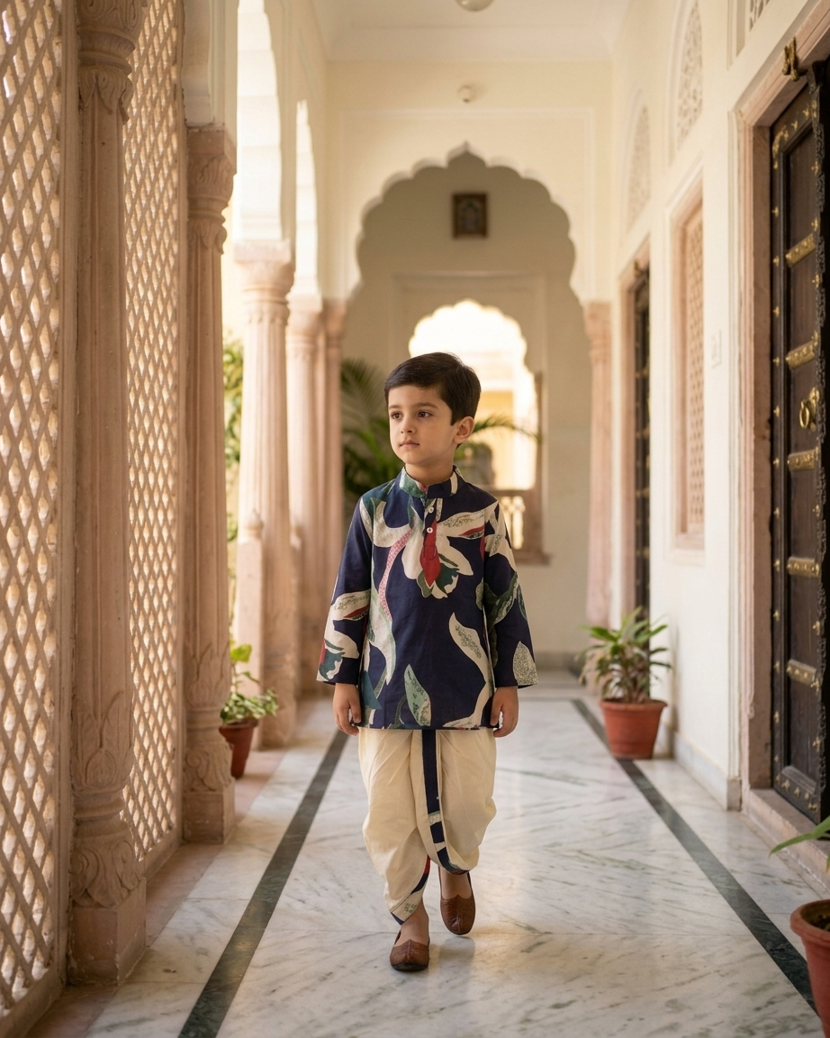 Midnight Botanic Boys' Cotton Kurta & Ready-to-Wear Dhoti Set