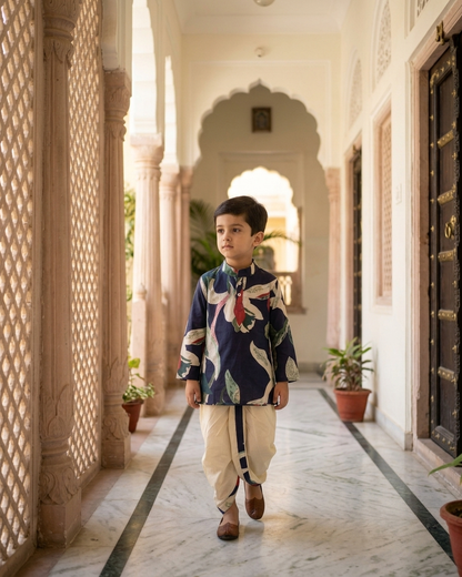 Midnight Botanic Boys' Cotton Kurta & Ready-to-Wear Dhoti Set