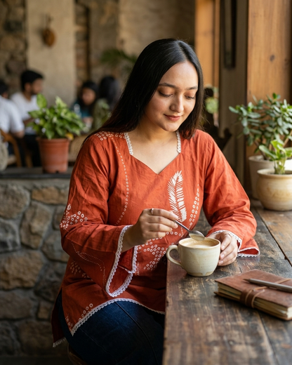 Terracotta Rust Leaf Motif Tunic with Lace Trim