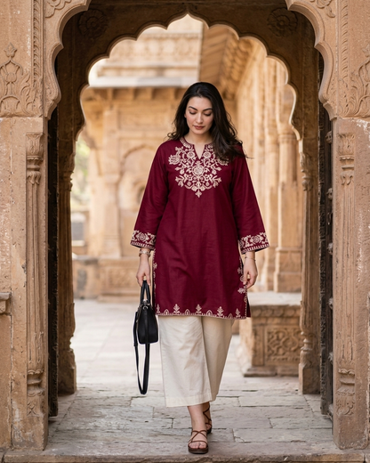 Heritage Embroidered Kurta Plazo set in Maroon Colour