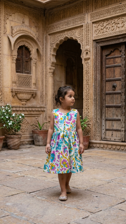 Teal and Lavender Floral Cotton Flared Frock for Girls