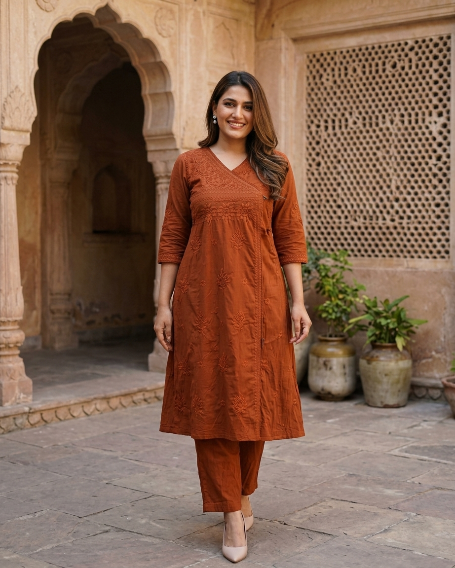 Soft Pastel Angrakha chikan kari Embroidered Kurta Set in Rust orange