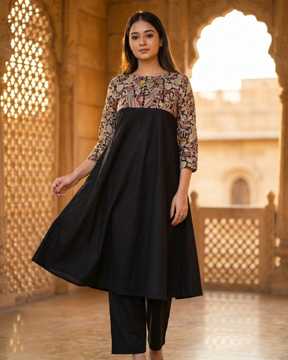 Black Kalamkari Print Yoke Flared Kurta Set