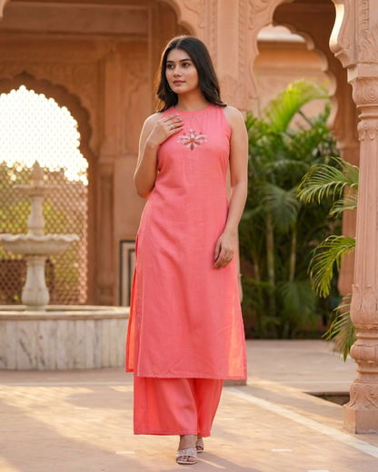 Flared A-Line Kurta Set with Floral Embroidery