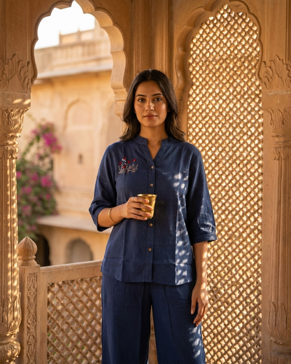 Minimalist Floral Embroidered Button-Down Co-ord Set