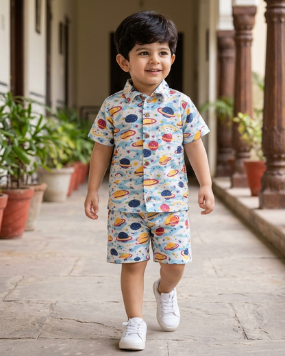 Cosmic Explorer Space Print Boys' Cotton Co-ord Set: Shirt & Shorts