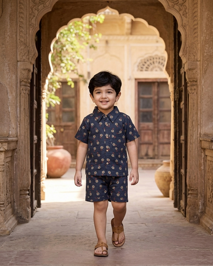 Midnight Floral Boota Boys' Cotton Co-ord Set: Shirt & Shorts