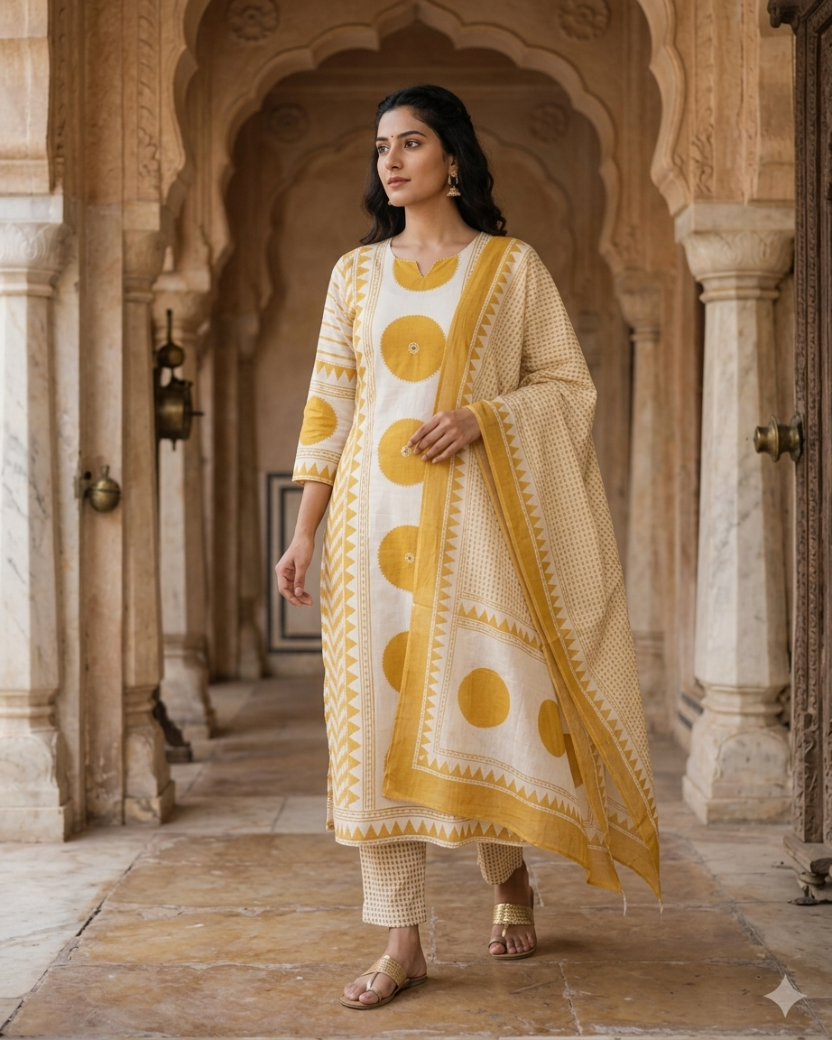 Geometric Print 3-Piece Kurta Set Mustard