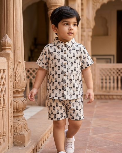 Monochrome Boota Boys' Cotton Co-ord Set: Shirt & Shorts