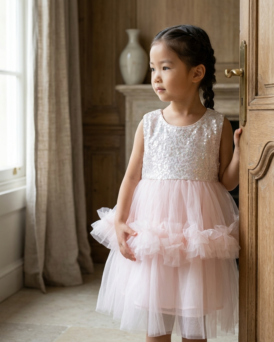 Sparkle & Twirl: Girls' Pink Sequined Bodice Tiered Tulle Party Dress