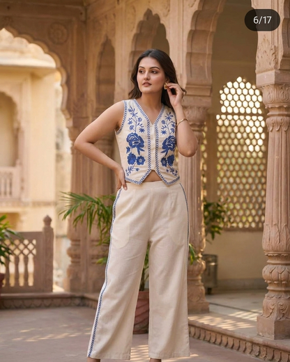 Ivory and Royal Blue Embroidered Waistcoat Co-ord Set