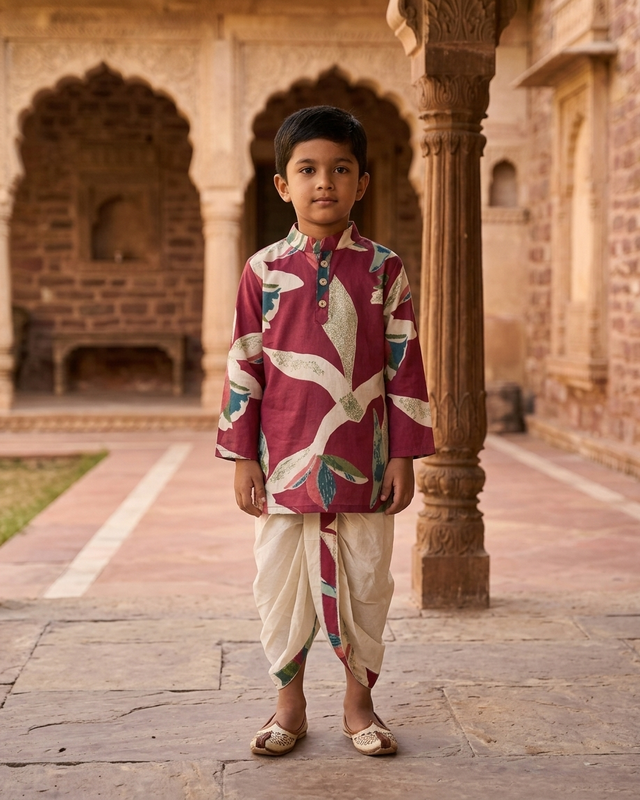 Crimson Botanic Boys' Cotton Kurta & Ready-to-Wear Dhoti Set