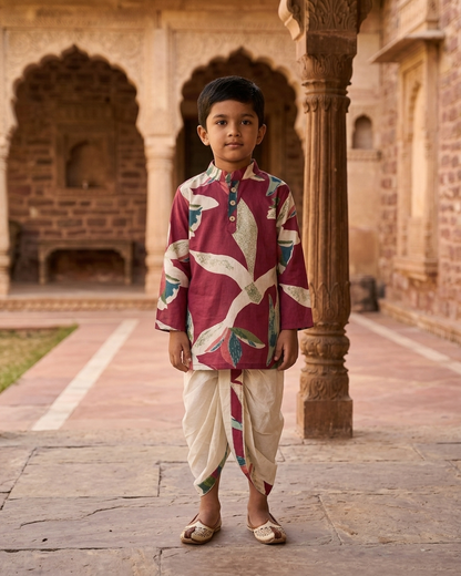 Crimson Botanic Boys' Cotton Kurta & Ready-to-Wear Dhoti Set