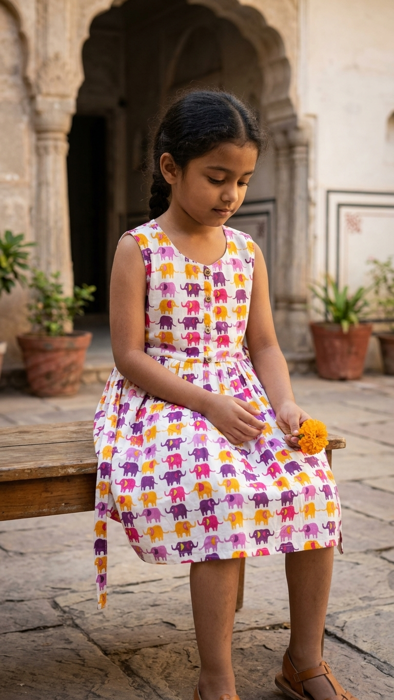 Sunset Elephant Print Girls' Cotton Sleeveless Frock