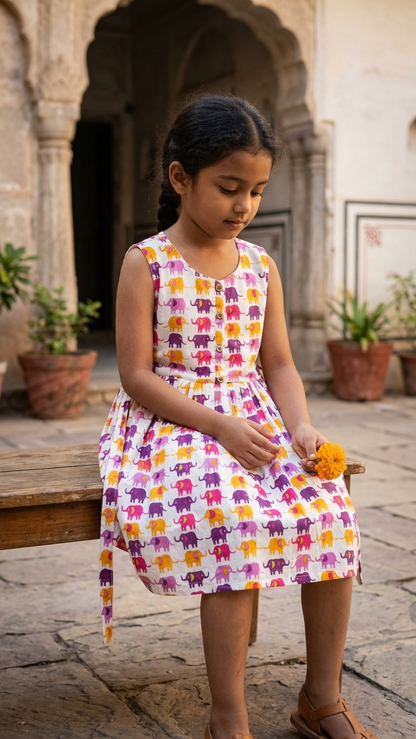 Sunset Elephant Print Girls' Cotton Sleeveless Frock