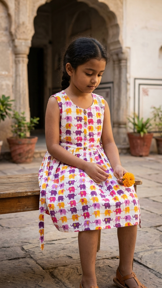 Sunset Elephant Print Girls' Cotton Sleeveless Frock