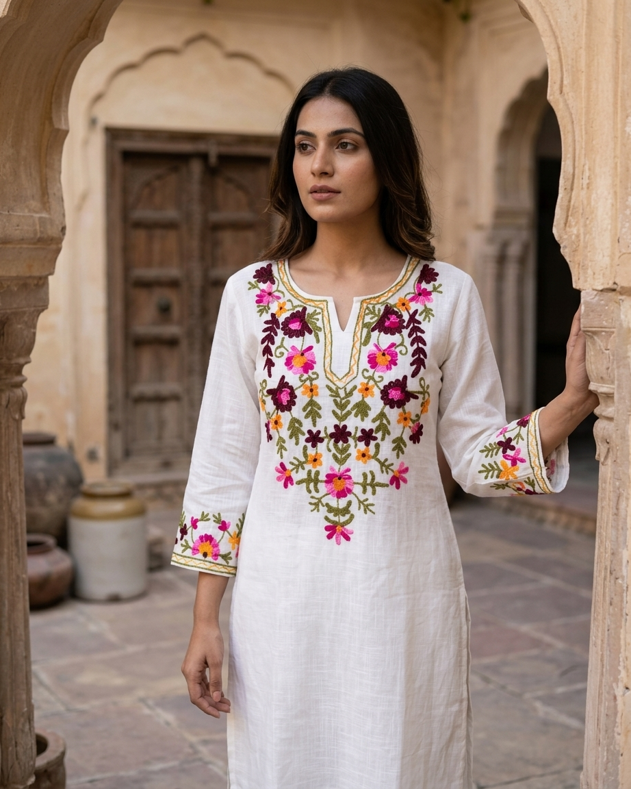 Floral Embroidered Kurta Set - White