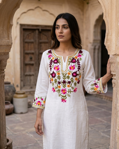 Floral Embroidered Kurta Set - White