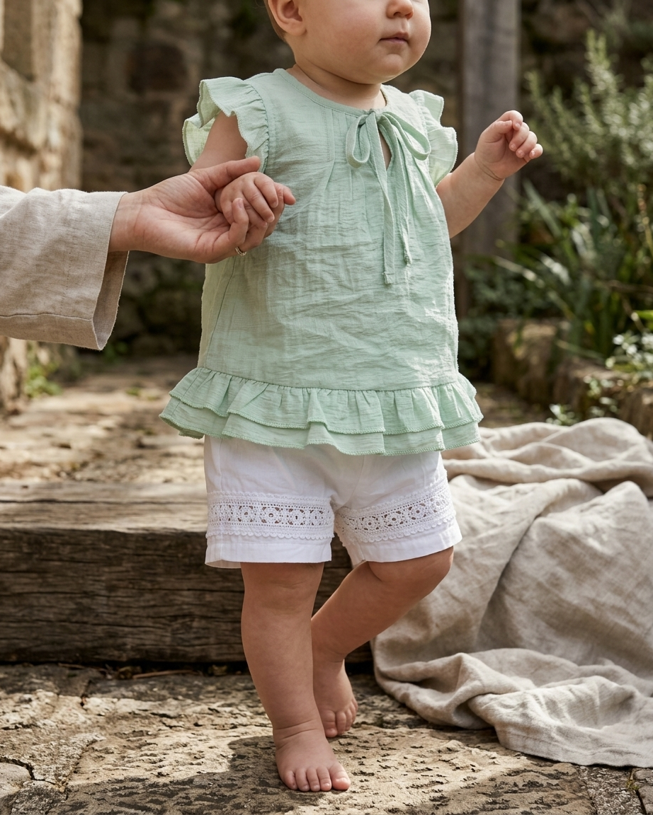 Mint Sorbet: Girls' Cotton Ruffle Top & White Lace-Bordered Shorts Set