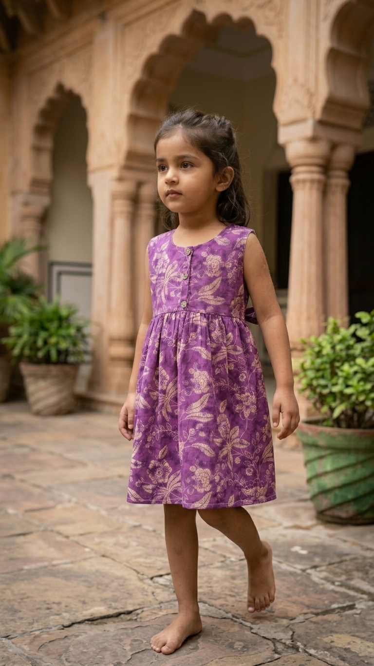 Royal Amethyst Floral Cotton Frock for Girls with Side Ties