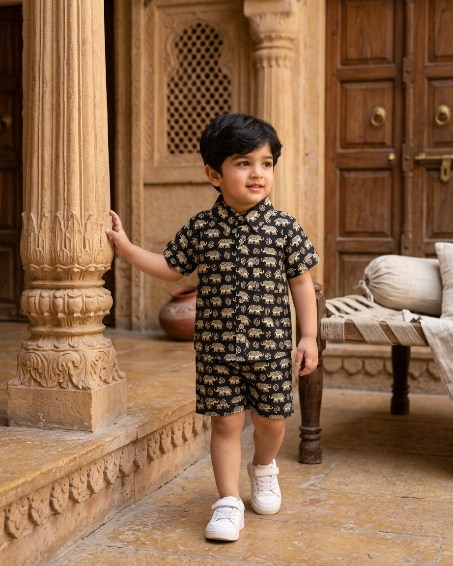Midnight Black Elephant Print Boys' Cotton Co-ord Set: Shirt & Shorts