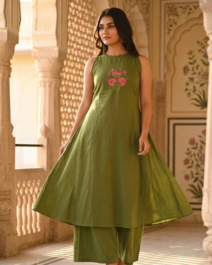 Olive Green Flared A-Line Kurta Set with Floral Embroidery