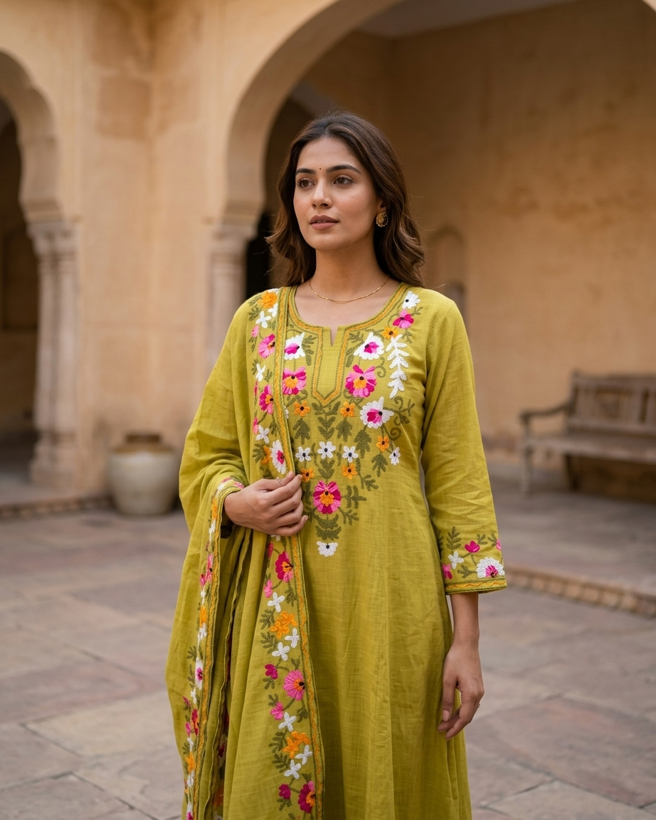 Floral Embroidered Kurta Set in Parrot Green