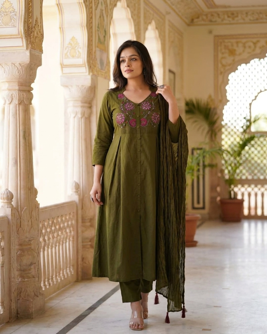 Embroidered Gathered Kurta Set with Crinkled Dupatta