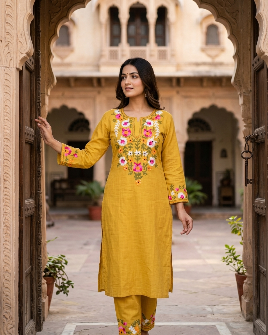Floral Embroidered Kurta Set in Mustard yellow