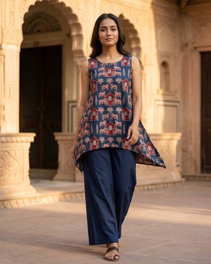Deep Indigo Heritage Print Asymmetric Tunic Set