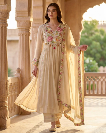 Floral Embroidered Gathered Anarkali Suit Set