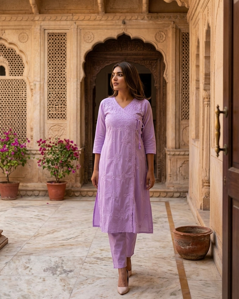 Soft Pastel Angrakha chikan kari Embroidered Kurta Set Lavender